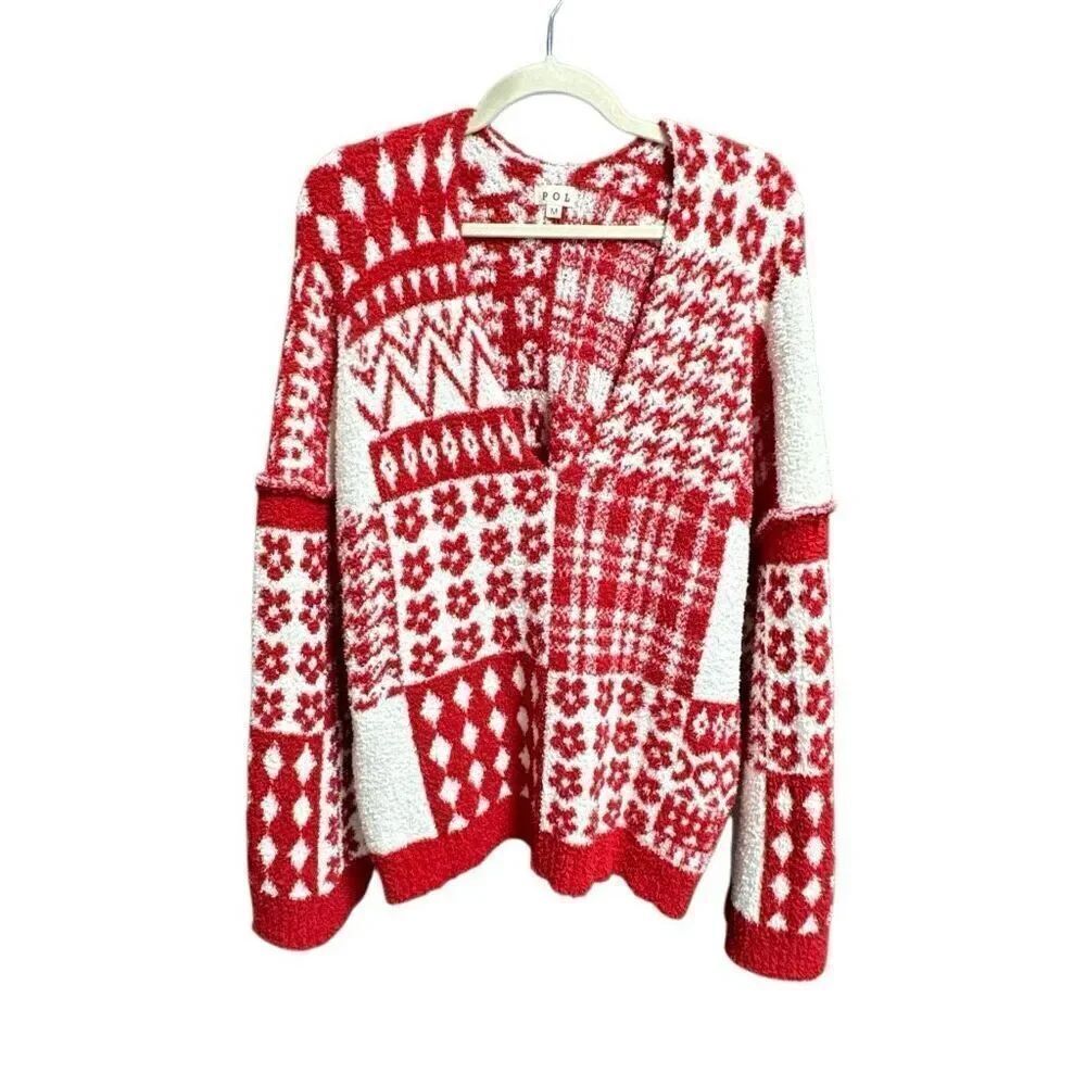 POL Womens Red & White Oversized V Neck Sweater Size Medium NEW